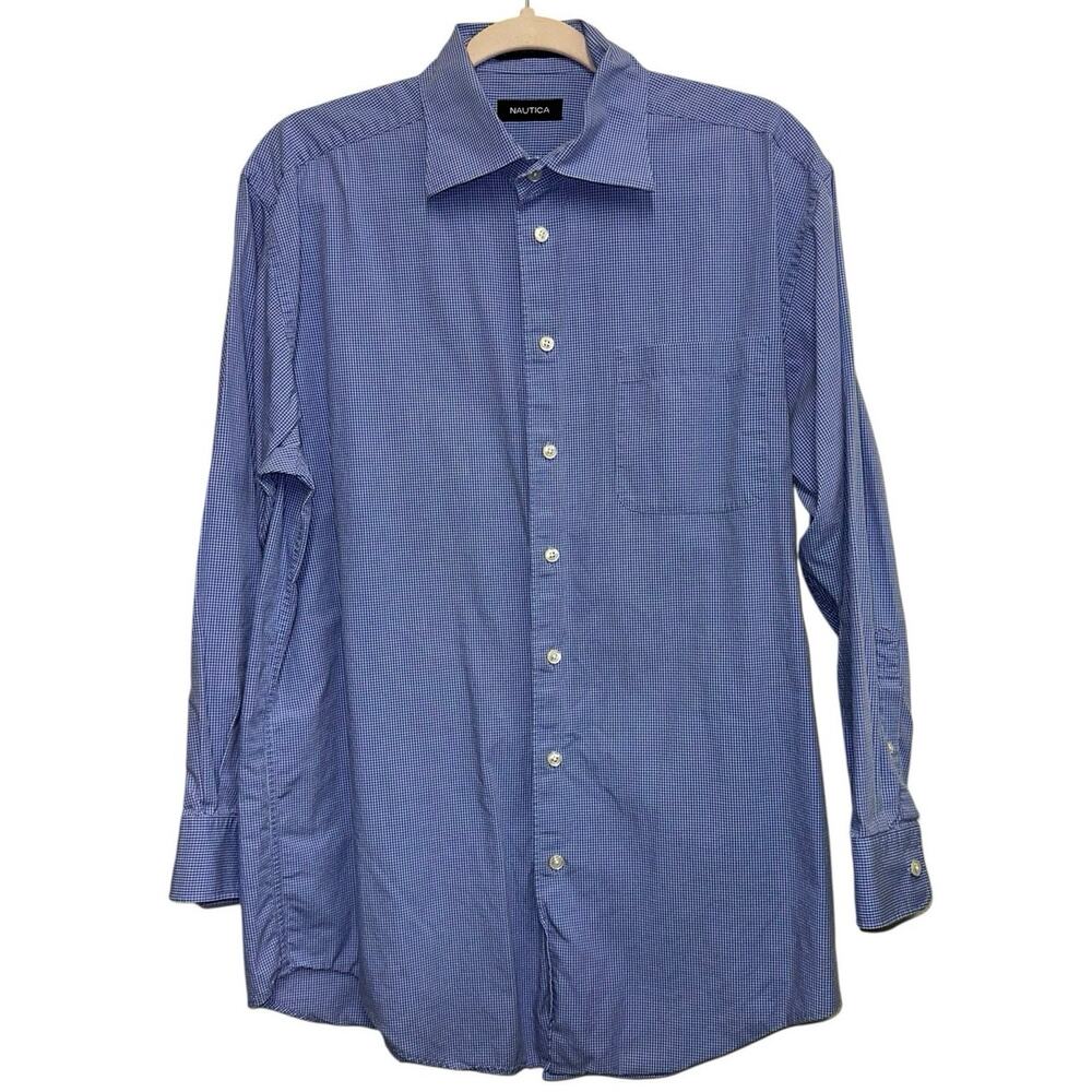 Nautica Blue Micro Check Button Down Dress Shirt 16 32/33 Cotton Classic Fit